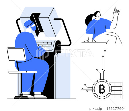 Person working at a computer. Woman pointing up. Bitcoin symbol with circuitry. Ideal for cryptocurrency finance technology future innovation blockchain. Minimalist flat design in blue black white 123177604