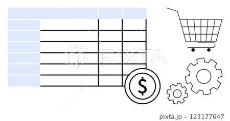 A shopping cart, dollar sign, and gears align with a spreadsheet. Ideal for e-commerce, financial management, budgeting, data analysis, and business processes. Colourful vector art, minimalistic 123177647