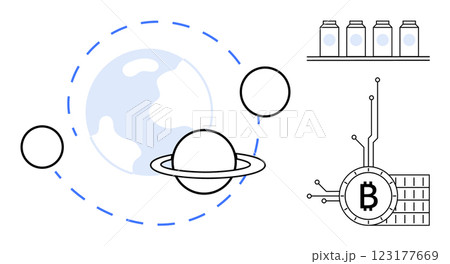 A futuristic space system with planets orbited by rings, shelves with jars on the right, and a digital Bitcoin symbol connected to circuitry. Ideal for technology, finance, cryptocurrency A futuristic space system with planets orbited by rings, shelves with jars on the right, and a digital Bitcoin symbol connected to circuitry. Ideal for technology, finance, cryptocurrency 123177669