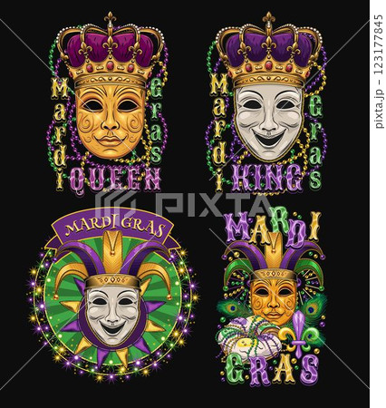 Carnival Mardi Gras labels with masquerade masks, crown, jester harlequin hat, beads, glossy text. Vintage illustrations on black background. For prints, clothing, t shirt, holiday goods design 123177845