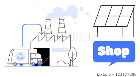 Factory with emissions, recycling truck, solar panel, and shop sign indicating an industrial and eco-friendly theme. Ideal for sustainable industry, renewable energy, e-commerce, recycling Factory with emissions, recycling truck, solar panel, and shop sign indicating an industrial and eco-friendly theme. Ideal for sustainable industry, renewable energy, e-commerce, recycling 123177886