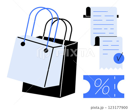 Shopping bag and two receipts next to a discount coupon with a percentage sign in it. Ideal for shopping, retail, discounts, marketing, sales, and consumerism themes. Modern flat style 123177900