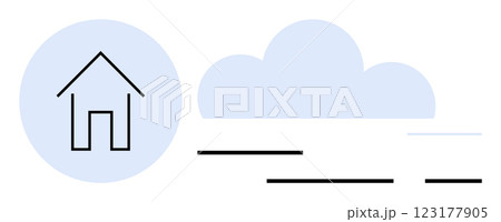 A simple house icon within a light blue circle, paired with a light blue cloud and black lines. Ideal for real estate, home apps, weather apps, tech interfaces, minimalistic designs. Clean, modern 123177905