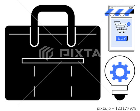 Black briefcase, smartphone with shopping cart and buy button, and a lightbulb with a blue gear. Ideal for business, e-commerce, technology, online shopping, startups. Modern minimalist style Black briefcase, smartphone with shopping cart and buy button, and a lightbulb with a blue gear. Ideal for business, e-commerce, technology, online shopping, startups. Modern minimalist style 123177979