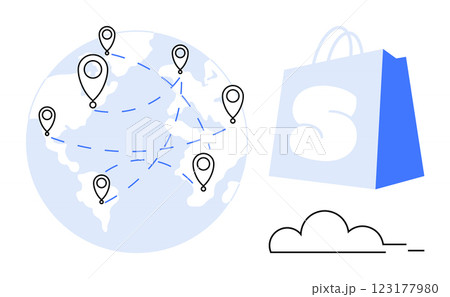 Network of location markers connected by dashed lines on a world map with a shopping bag and cloud icon. Ideal for e-commerce, global business, logistics, online shopping, digital storage. Simple Network of location markers connected by dashed lines on a world map with a shopping bag and cloud icon. Ideal for e-commerce, global business, logistics, online shopping, digital storage. Simple 123177980