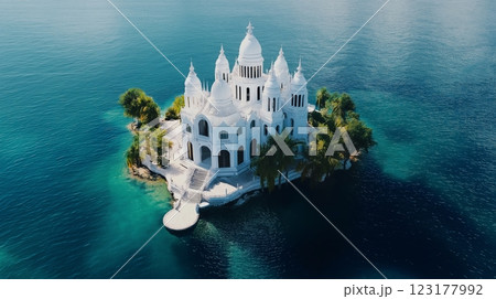 Mysterious castle on an isolated island surrounded by calm waters 123177992