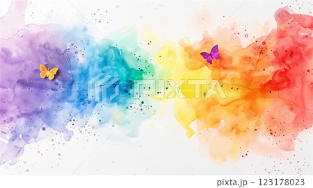 Watercolor with a background of colorful, rainbow colored notes and butterflies on a white background 123178023