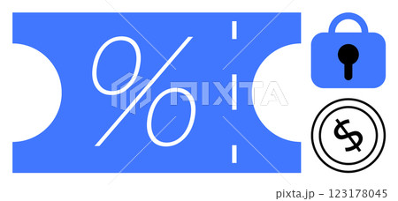 Coupon with a percentage sign, showcasing a discount or deal. Nearby are a padlock representing security and a dollar sign indicating savings 123178045