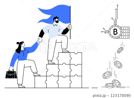 Two people climb a staircase made of puzzle pieces while holding a blue flag. One person helps the other climb. A symbol for Bitcoin is shown on the right with coins dropping. Ideal for teamwork Two people climb a staircase made of puzzle pieces while holding a blue flag. One person helps the other climb. A symbol for Bitcoin is shown on the right with coins dropping. Ideal for teamwork 123178090