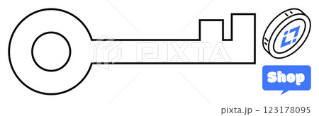 A simple black outline of a key with a coin symbol featuring a square pattern. The word shop appears in a blue text bubble. Ideal for business, finance, shopping, online stores, cryptocurrency 123178095