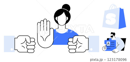 Woman raising hand to signal stop, two fists, blue shopping bag, and a man with an identification card. Ideal for conflict resolution, workplace guidelines, retail environment, caution, employee 123178096