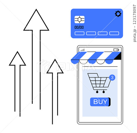 Arrows pointing upwards next to a smartphone with an online shopping cart and a credit card indicate growth in online shopping and mobile payments. Ideal for ecommerce, online payments, mobile 123178097