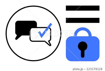 Two speech bubbles in circle, one with check mark, beside lock icon with equality sign. Ideal for secure communication, message verification, privacy, encryption, and data protection. Simple flat 123178128