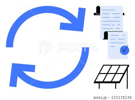 Blue arrows forming a cycle, a checklist with a tick mark, and a solar panel. Ideal for renewable energy, process management, sustainability, efficiency, and project planning. Clean, minimalist Blue arrows forming a cycle, a checklist with a tick mark, and a solar panel. Ideal for renewable energy, process management, sustainability, efficiency, and project planning. Clean, minimalist 123178138