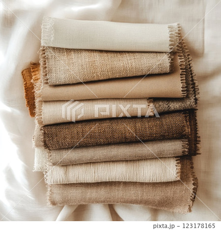 Top-down view of textile sample mockup with neatly arranged fabric swatches in warm, earthy tones, soft natural light, and an elegant, sophisticated presentation. 123178165