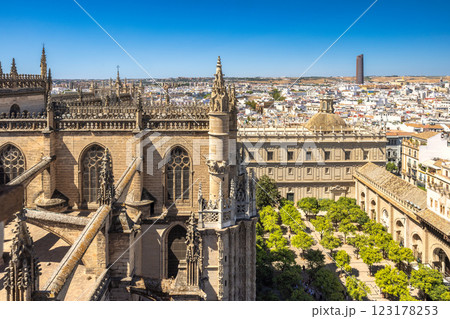 Seville town, capital of Andalusia in Spain. Panoramic view of a historic city with a cathedral and courtyard garden. Beautiful architecture and a sunny day. 123178253