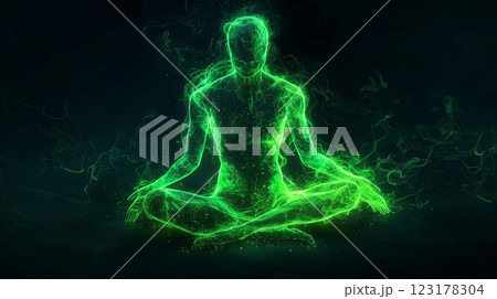 Glowing human in lotus yoga pose 123178304