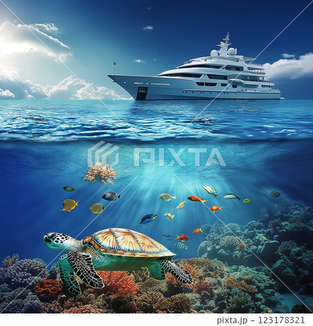 Tropical beach, yacht and coral reef underwater 123178321