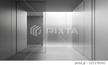 Modern interior with glass matte walls and door 123178342