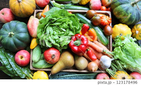 Organic vegetables from the garden - carrots, tomatoes, peppers, cucumbers, lettuce and fruits in wooden box . Raw healthy food concept. Top view 123178496