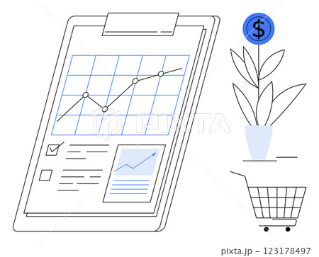 Business growth report showing line graph with rising trend, check marks, and financial symbols. Ideal for finance, investment, business growth, economic analysis, e-commerce. Simple modern style Business growth report showing line graph with rising trend, check marks, and financial symbols. Ideal for finance, investment, business growth, economic analysis, e-commerce. Simple modern style 123178497