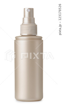 Front view of blank beige plastic spray bottle 123178526