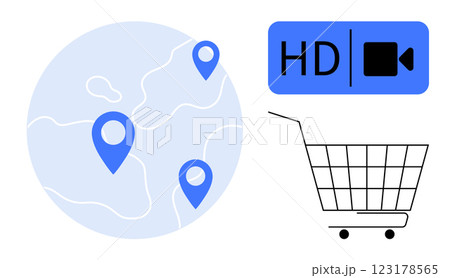Blue location markers on a globe with HD video symbol and shopping cart. Ideal for e-commerce, online shopping, global business, video streaming, and digital maps. Minimalist modern style 123178565