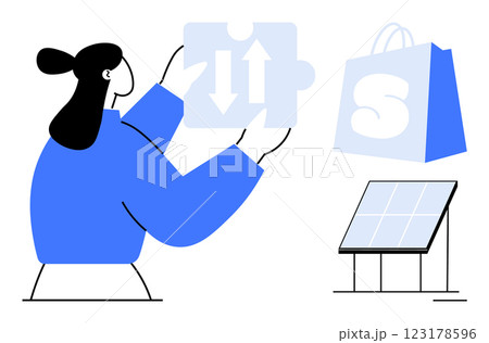 Woman holding a puzzle piece with arrows. Solar panel and shopping bag visible beside her. Ideal for renewable energy, e-commerce, problem-solving, energy efficiency, and sustainability. Simple Woman holding a puzzle piece with arrows. Solar panel and shopping bag visible beside her. Ideal for renewable energy, e-commerce, problem-solving, energy efficiency, and sustainability. Simple 123178596
