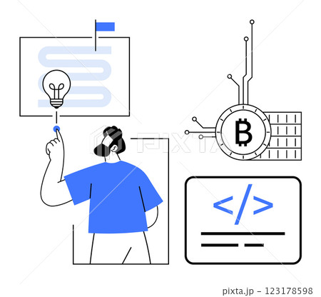 Man pointing at a lightbulb, a Bitcoin symbol connected to circuitry, and coding symbols. Ideal for blockchain, cryptocurrency, coding, development, and innovation 123178598