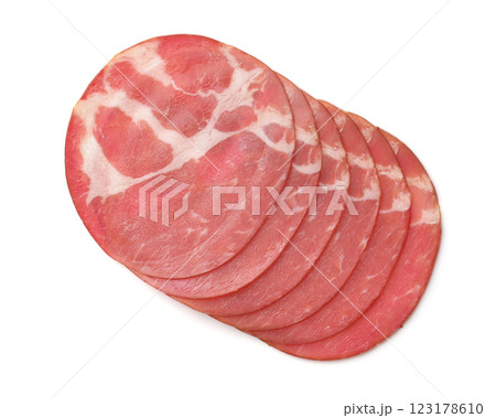 Top view of round smoked ham slices 123178610