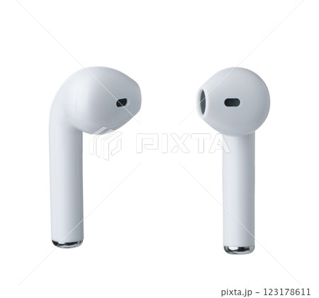 Pair of white wireless earbuds 123178611