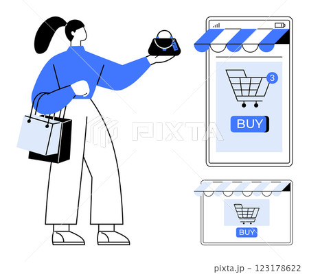 Customer holding a handbag and shopping bags standing next to a smartphone screen displaying a shopping cart. Ideal for e-commerce, online shopping, digital business, retail, and mobile apps. Simple Customer holding a handbag and shopping bags standing next to a smartphone screen displaying a shopping cart. Ideal for e-commerce, online shopping, digital business, retail, and mobile apps. Simple 123178622