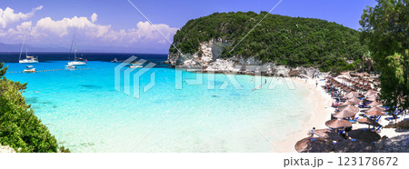 Greece. Antipaxos island - small beautiful ionian island with gorgeous white beaches and turquoise crystal sea. View of stunning Vrika beach Greece. Antipaxos island - small beautiful ionian island with gorgeous white beaches and turquoise crystal sea. View of stunning Vrika beach 123178672