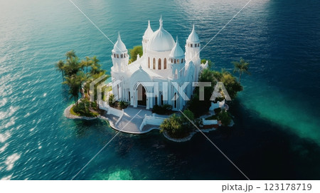 Mysterious castle on an isolated island surrounded by calm waters 123178719
