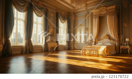 Elegant palace bedroom interior with ornate decor and warm sunlight 123178722