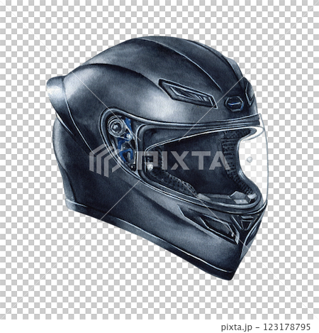 Motorcyclist helmet with transparent visor. Safety headgear for biker. Moto gear moto accessory. Watercolor illustration isolated from the background. For motorcycle store design, web sites, postcard 123178795
