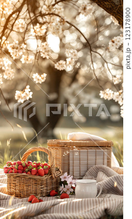Enjoying a spring picnic under blooming cherry blossom trees in a serene park setting with fresh strawberries and cozy blankets. Enjoying a spring picnic under blooming cherry blossom trees in a serene park setting with fresh strawberries and cozy blankets. 123178900