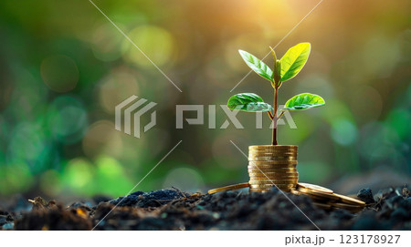 Growing plant on top of stacked coins representing investment and financial growth in a natural setting. 123178927