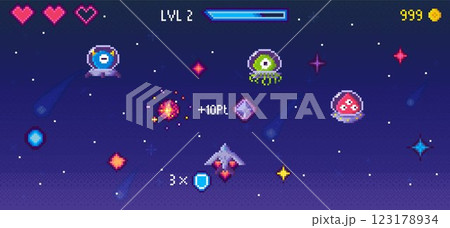 Pixel art style image shows a spaceship surrounded by three alien creatures. Points and power-ups are visible. Used for gaming, pixel art, space adventures, scoring, and retro themes Pixel art style image shows a spaceship surrounded by three alien creatures. Points and power-ups are visible. Used for gaming, pixel art, space adventures, scoring, and retro themes 123178934