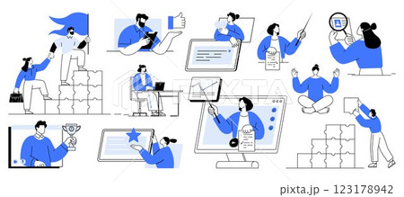Various professionals engaging in activities like project planning, online meetings, data analysis, and goal setting. Ideal for business strategy, teamwork, productivity, leadership, digital 123178942