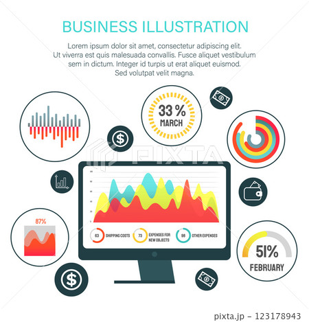 Digital screen displaying colorful analytic graphs and charts. Ideal for business analysis, data visualization, financial reporting, economic trends, and market research. Simple flat style 123178943