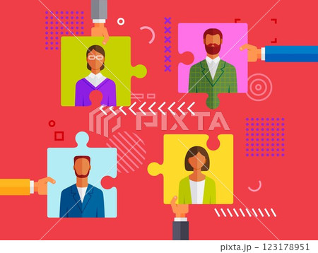 People flat icons collection, jigsaw puzzle portrait. Set of avatars of different characters, man and woman, user image, face icons to represent person in video game. Building business team 123178951