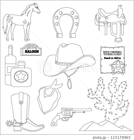 Western-themed vector featuring cowboy essentials like a hat, boots, saddle, and pistol. Includes saloon and wanted posters, cactus, and horse. Ideal for cowboy themes, Western decor, wild west Western-themed vector featuring cowboy essentials like a hat, boots, saddle, and pistol. Includes saloon and wanted posters, cactus, and horse. Ideal for cowboy themes, Western decor, wild west 123178965