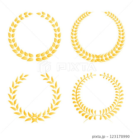 Four golden laurel wreaths are arranged in a square pattern with unique leaf styles. Each wreath symbolizes victory, honor, accomplishment, and prestige. Ideal for awards, certificates, logos Four golden laurel wreaths are arranged in a square pattern with unique leaf styles. Each wreath symbolizes victory, honor, accomplishment, and prestige. Ideal for awards, certificates, logos 123178990