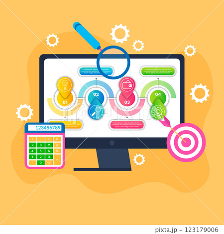 A computer monitor displaying a colorful flowchart with connected steps, accompanied by a calculator, magnifying glass, and target symbol. Ideal for business, productivity, organization, planning 123179006