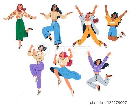 Six women dance in various energetic poses wearing stylish clothes. Ideal for fitness promotion, dance studios, expressing joy, fashion trends, and celebrating diversity. Digital art style 123179007