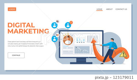 Digital marketing, networking concept. Team works with attraction of customers, increase popuarity of website. Webpage template flat style. Creating work profile in social network, web promotion 123179011