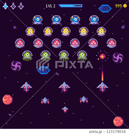 Image shows a classic arcade-style space shooter game level. Alien enemies are arranged in rows with player spaceships ready to attack. Classic pixel art style. Ideal for video games, retro gaming Image shows a classic arcade-style space shooter game level. Alien enemies are arranged in rows with player spaceships ready to attack. Classic pixel art style. Ideal for video games, retro gaming 123179016