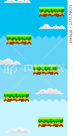 Floating grassy platforms in a blue sky filled with clouds. Ideal for video games, pixel art lovers, platform game design, retro-themed projects, and educational purposes. Retro pixel style 123179031