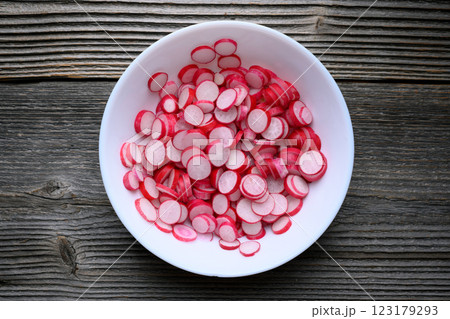 Thin radish slices served on a simple white plate 123179293